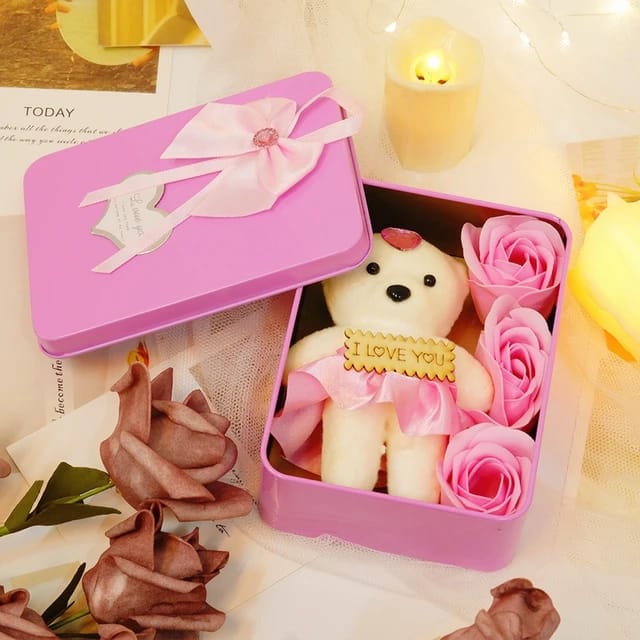 Square Teddy box with 3 flowers